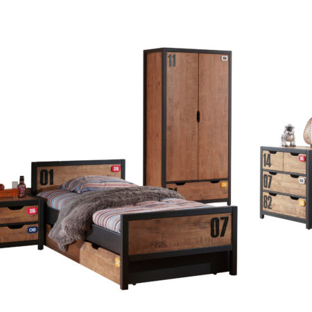 De ALEX-combinatie bestaat uit een nachtkastje,  een bed 90x200cm, een rolbed, een 2 deurs kledingkast en een kommode 3 laden