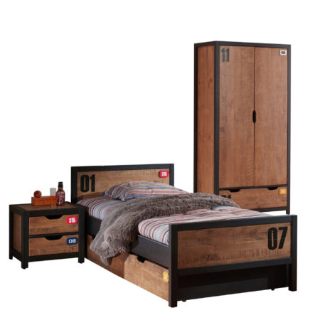 De ALEX-combinatie bestaat uit een nachtkastje,  bed 90x200cm , Lade rolbed en 2 deurs kledingkast.