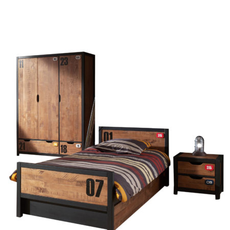 De ALEX-combinatie bestaat uit een nachtkastje,  bed 90x200cm , Lade rolbed  en 3 deurs kledingkast.