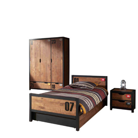 De ALEX-combinatie bestaat uit een bed 90x200cm, lattenbodem kader 13l, Lade rolbed ,  nachtkastje en een 3 deurs kledingkast.