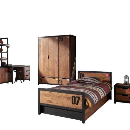 De ALEX-combinatie bestaat uit een nachtkastje,  bed 90x200cm ,  rolbed ,  bureau ,  3 deurs kledingkast en boekenkast