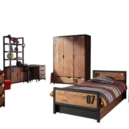 De ALEX-combinatie bestaat uit een nachtkastje,  bed 90x200cm ,  rolbed ,  bureau ,  3 deurs kledingkast,  boekenkast en  kommode 3 laden