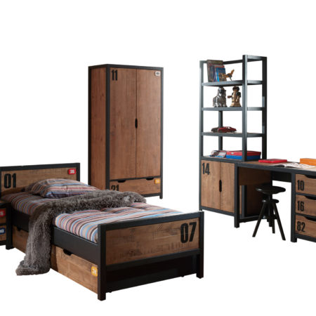 De ALEX-combinatie bestaat uit een nachtkastje,  bed 90x200cm ,  Lade rolbed ,  bureau ,  2 deurs kledingkast en boekenkast