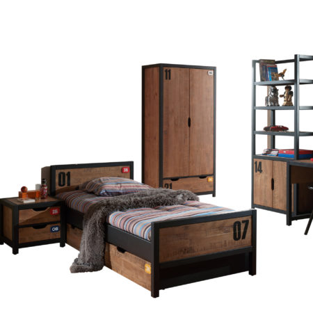 De ALEX-combinatie bestaat uit een nachtkastje,  bed 90x200cm , Lade rolbed ,  2 deurs kledingkast en boekenkast