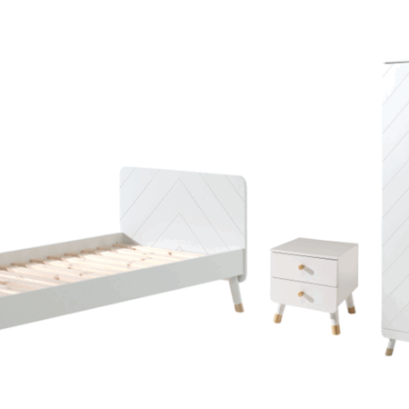 Deze BILLY-combinatie bestaat uit het witte BILLY-bed (90x200cm), de witte nachtkastje en de witte 2-deurs kleerkast.