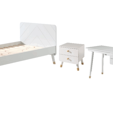 Deze BILLY-combinatie bestaat uit het witte BILLY-bed (90x200cm), de witte nachtkastje, het bureau en de commode.