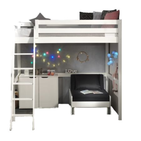 Deze PINO-combinatie bestaat uit een witte PINO mezzanine , een PINO kommode met 2 deuren en een PINO zetelbed wit