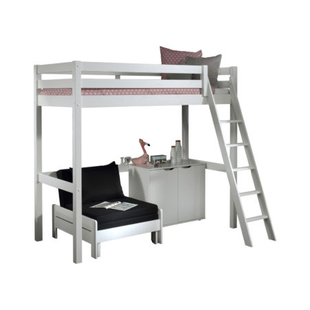 Deze PINO-combinatie bestaat uit een PINO mezzanine 90x200cm wit , een PINO kommode met 2 deuren en een PINO zetelbed wit