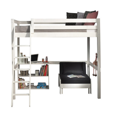 Deze PINO-combinatie bestaat uit een witte PINO mezzanine , een PINO boekenkast  en een PINO zetelbed wit