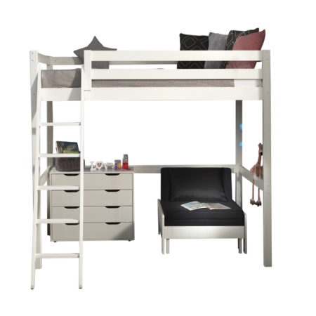 Deze PINO-combinatie bestaat uit een witte PINO mezzanine , een PINO kommode 4 laden en een PINO zetelbed wit