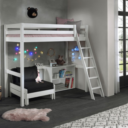 Deze PINO-combinatie bestaat uit een PINO mezzanine 90x200cm wit , een PINO boekenkast  en een PINO zetelbed wit