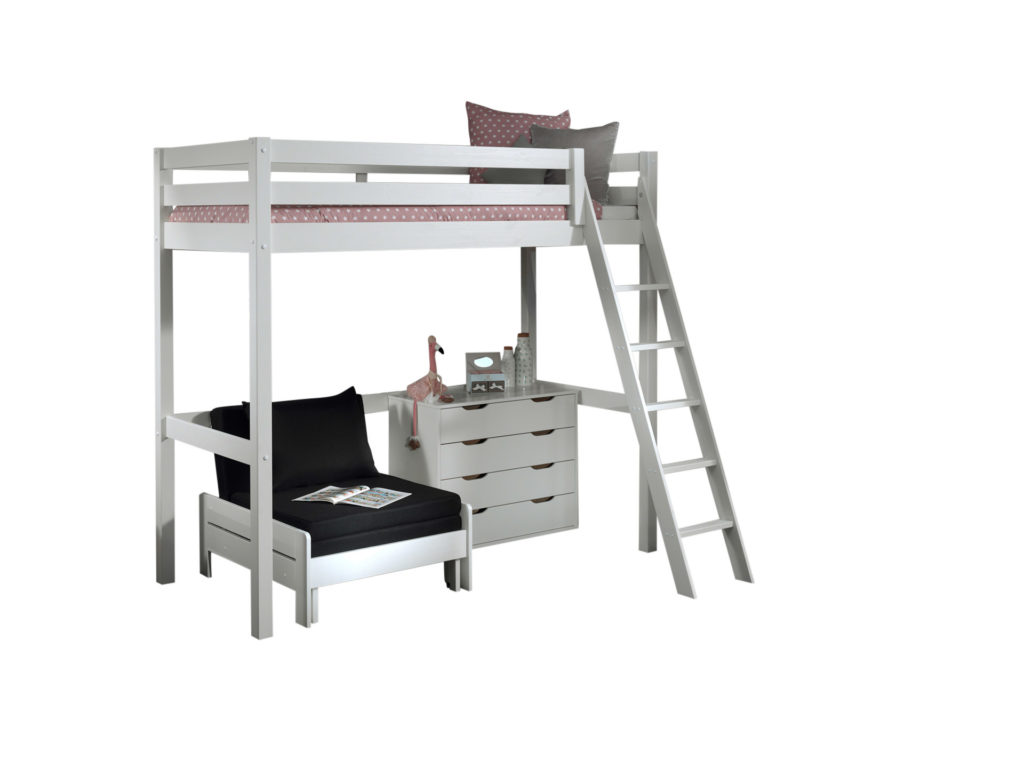 Deze PINO-combinatie bestaat uit een PINO mezzanine 90x200cm wit , een PINO kommode 4 laden  en een PINO zetelbed wit