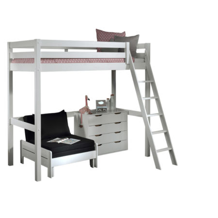 Deze PINO-combinatie bestaat uit een PINO mezzanine 90x200cm wit , een PINO kommode 4 laden en een PINO zetelbed wit
