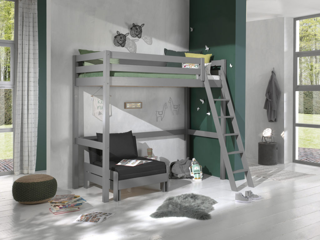 Deze PINO-combinatie bestaat uit een PINO mezzanine 90x200cm grijs en een PINO zetelbed grijs