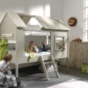 Deze CHARLOTTE combinatie in beige en zandgrijs bestaat uit een boomhutbed (90x200) met rollattenbodem en bijhorende gordijntjes. - Afbeelding 5