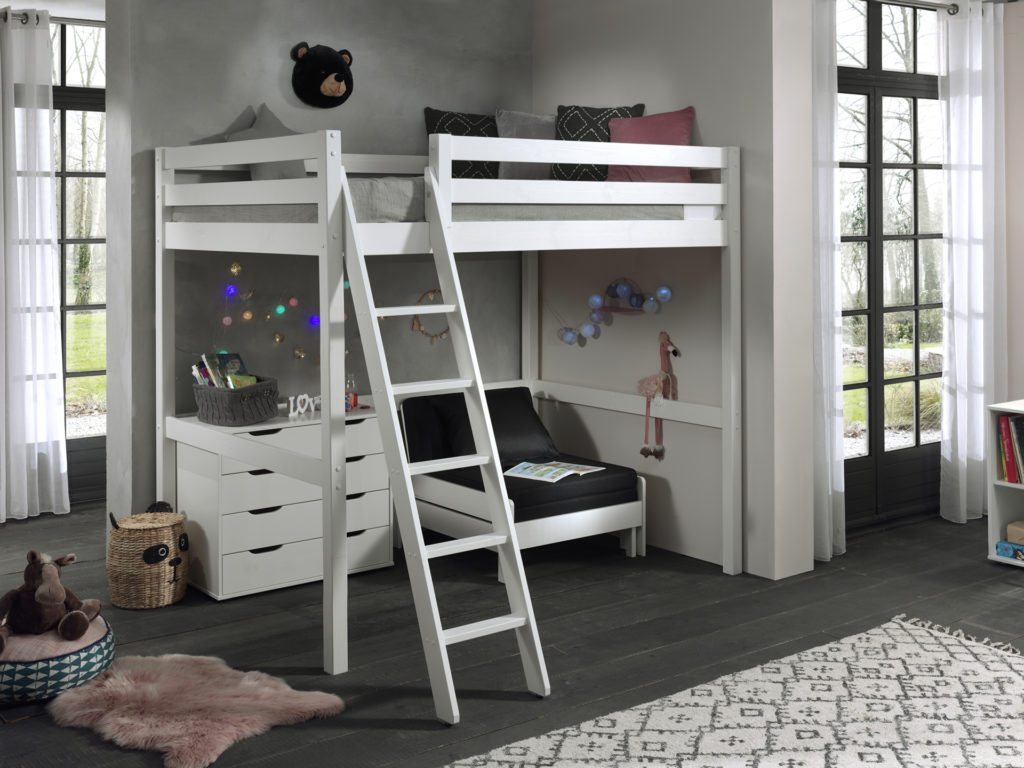 Deze PINO-combinatie bestaat uit een witte PINO mezzanine , een PINO kommode 4 laden  en een PINO zetelbed wit - Afbeelding 5