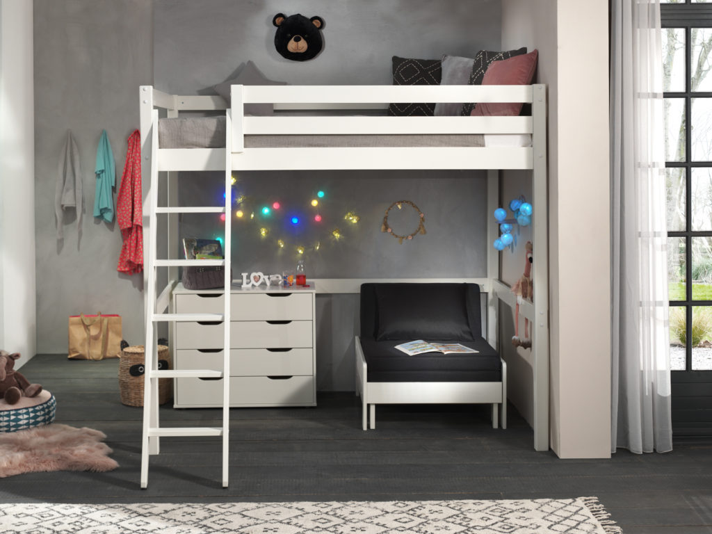 Deze PINO-combinatie bestaat uit een witte PINO mezzanine , een PINO kommode 4 laden  en een PINO zetelbed wit - Afbeelding 6
