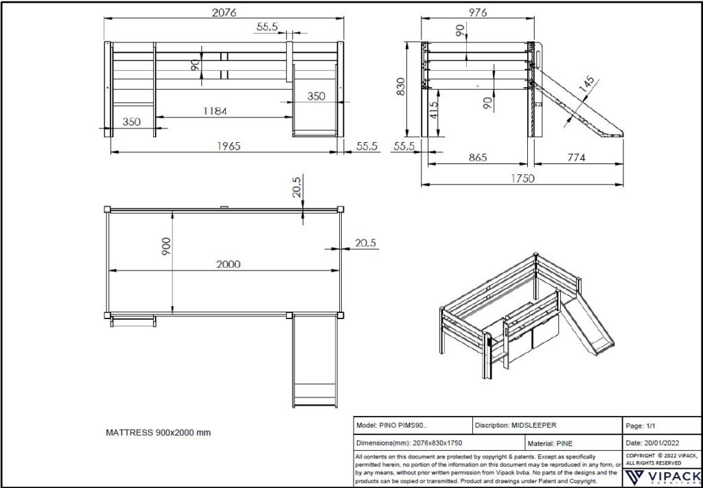 Deze PINO-combinatie bestaat uit een PINO halfhoogslaper ladder+glijbaan wit  en een PINO set van 2 laden wit - Afbeelding 8
