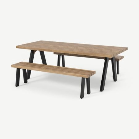 BOSCO EETKAMERBANKSET (000314) / ALU POEDERCOAT ZWART / HOUT ACACIA LICHT TEAK LOOK