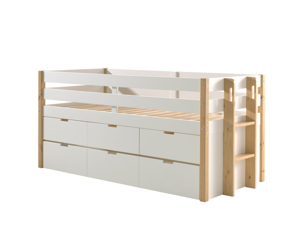 Deze MARGRIT combinatie bestaat uit het MARGRIT kajuitbed (90 x 200 cm) met 3 lades en rolbed.
