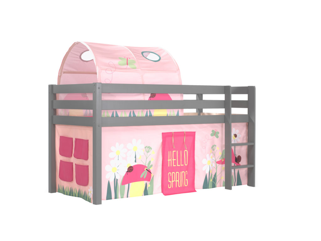 Deze PINO-combinatie bestaat uit een grijze PINO hoogslaper , een speelgordijn spring en een tunnel spring