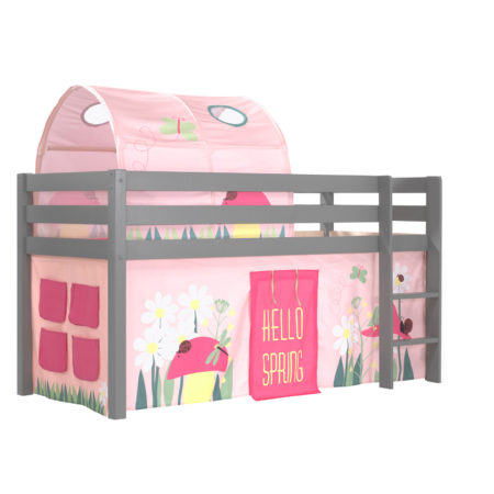 Deze PINO-combinatie bestaat uit een grijze PINO hoogslaper , een speelgordijn spring en een tunnel spring