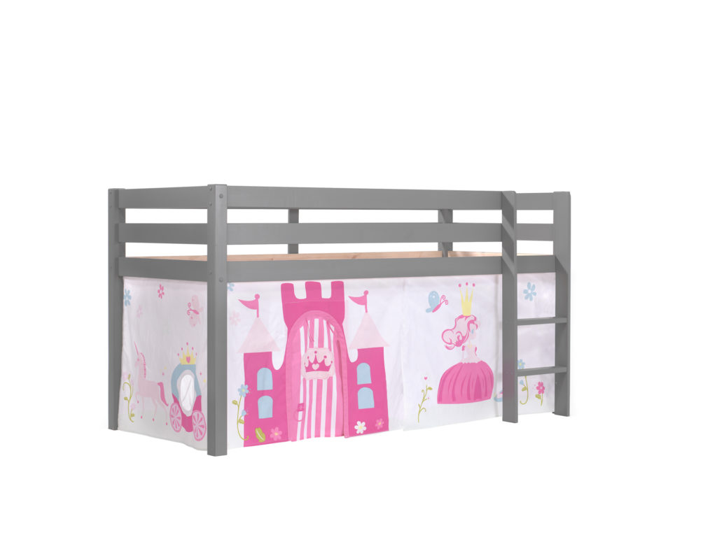Deze PINO-combinatie bestaat uit een grijze PINO hoogslaper en een speelgordijn princess