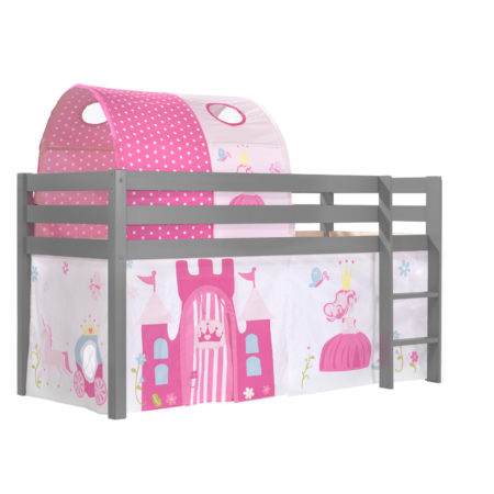 Deze PINO-combinatie bestaat uit een grijze PINO hoogslaper , een speelgordijn princess en een tunnel princess