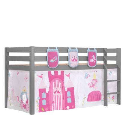 Deze PINO-combinatie bestaat uit een grijze PINO hoogslaper , een speelgordijn princess en 3 zakjes princess