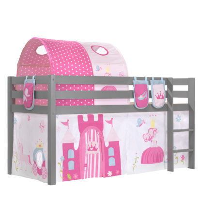 Deze PINO-combinatie bestaat uit een grijze PINO hoogslaper , een speelgordijn princess, 3 zakjes princess en een tunnel princess