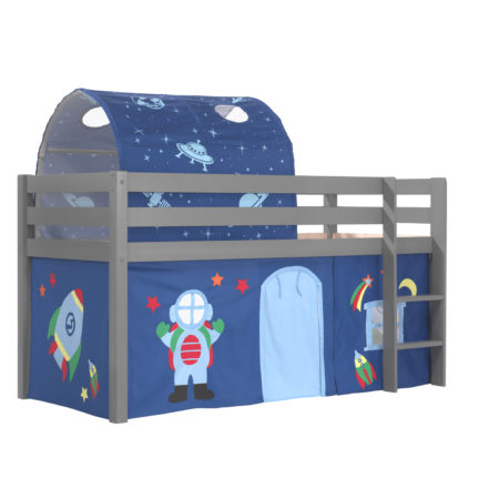 Deze PINO-combinatie bestaat uit een grijze PINO hoogslaper , een speelgordijn astro en een tunnel astro