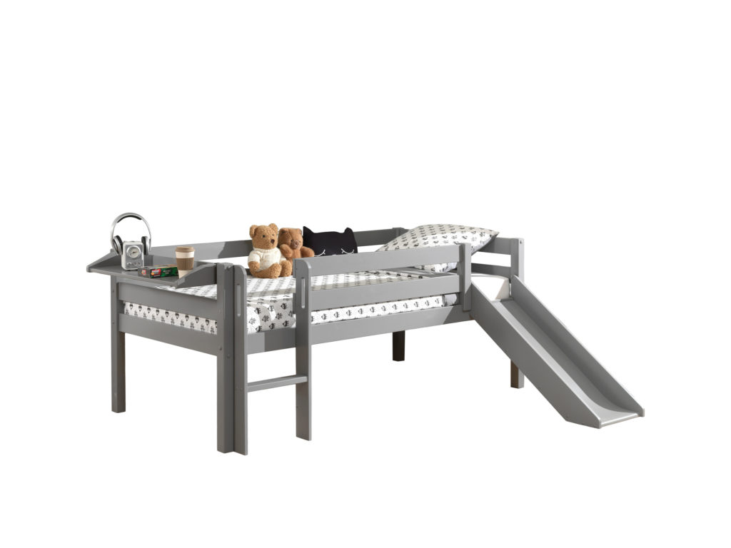 Deze PINO-combinatie bestaat uit een grijze PINO halfhoogslaper met ladder en glijbaan en een PINO hangtablet