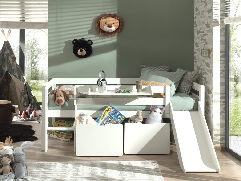 Deze PINO-combinatie bestaat uit een witte PINO halfhoogslaper met ladder en glijbaan, een PINO set van 2 laden en een PINO hangtablet - Afbeelding 5
