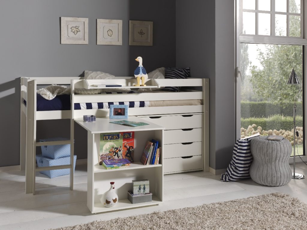 Deze PINO-combinatie bestaat uit een witte PINO hoogslaper, een PINO bureau, een PINO kommode met 4 laden en een PINO hangtablet - Afbeelding 6