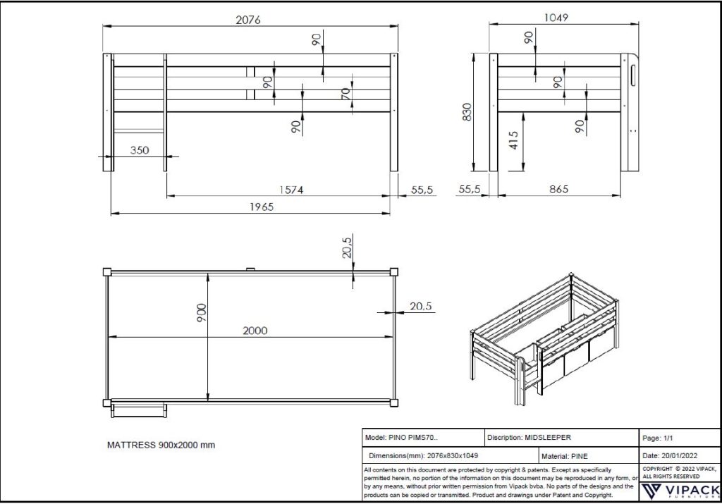 Deze PINO-combinatie bestaat uit een witte PINO halfhoogslaper met ladder, een PINO set van 3 laden en een PINO hangtablet - Afbeelding 8