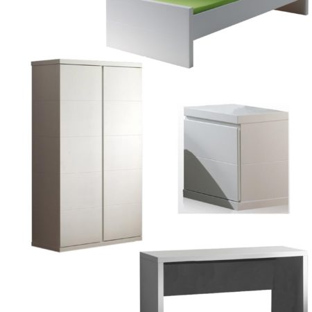 Deze LARA combinatie in wit bestaat uit een bed (90x200) met bijhorend nachtkastje, 2-deurs kledingkast, bureau en 2 hangplankjes.