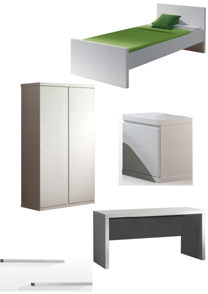 Deze LARA combinatie in wit bestaat uit een bed (90x200) met bijhorend nachtkastje, 2-deurs kledingkast, bureau en 2 hangplankjes.