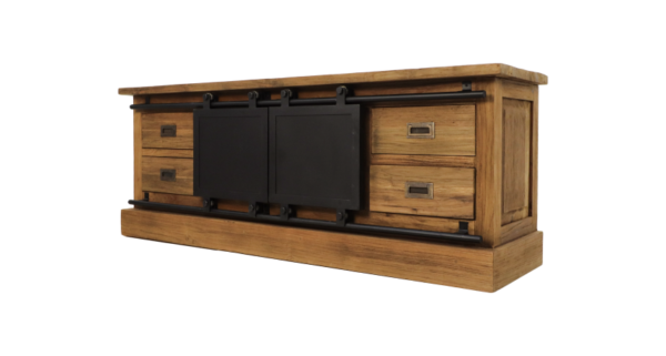 TV meubel Blackburn - 150x40x56,5 - Naturel/zwart - reclaimed teak/metaal - Image 2