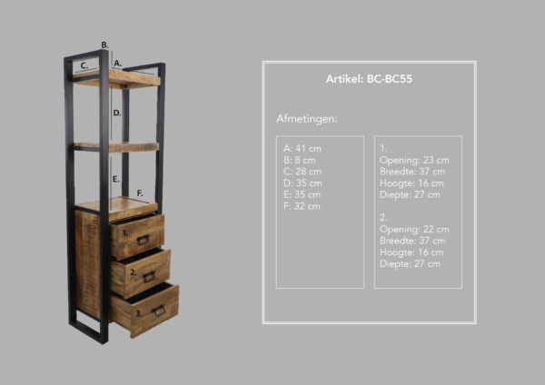 Boekenkast - 55x35x175 - Naturel/zwart - Mangohout/metaal - Image 6