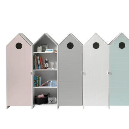 Deze CASAMI combinatie bestaat uit 5 kasten: 4 kastjes met witte, grijze, roze en mintgroene deur en 1 open kast.
