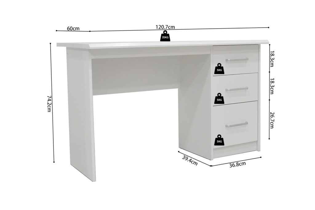 Bureau 'Mateo' 3 lades Wit (1c) - Afbeelding 8