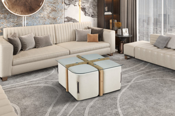 Salontafel 'Shana' met 4 poefs stof Decor Oude eik (2c) - Afbeelding 2