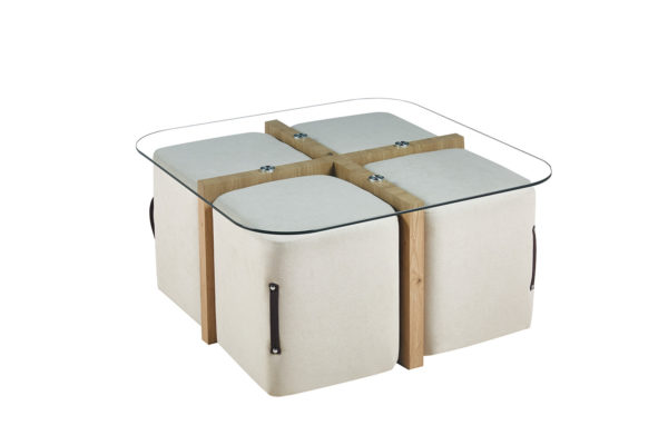 Salontafel 'Shana' met 4 poefs stof Decor Oude eik (2c) - Afbeelding 4
