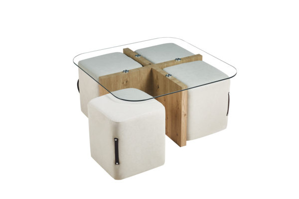 Salontafel 'Shana' met 4 poefs stof Decor Oude eik (2c) - Afbeelding 5