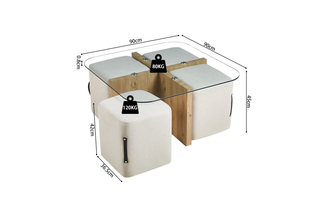 Salontafel 'Shana' met 4 poefs stof Decor Oude eik (2c) - Afbeelding 8