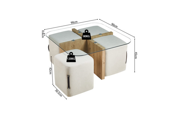 Salontafel 'Shana' met 4 poefs stof Decor Oude eik (2c) - Afbeelding 8