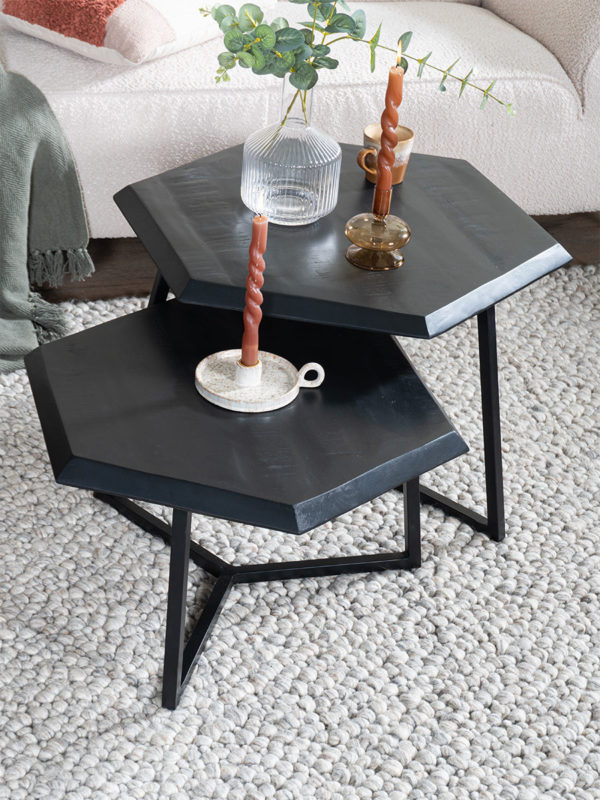 Salontafel Kiara - Set van 2 - Achthoekige tafeltjes - Zwart Mangohout - Afbeelding 2