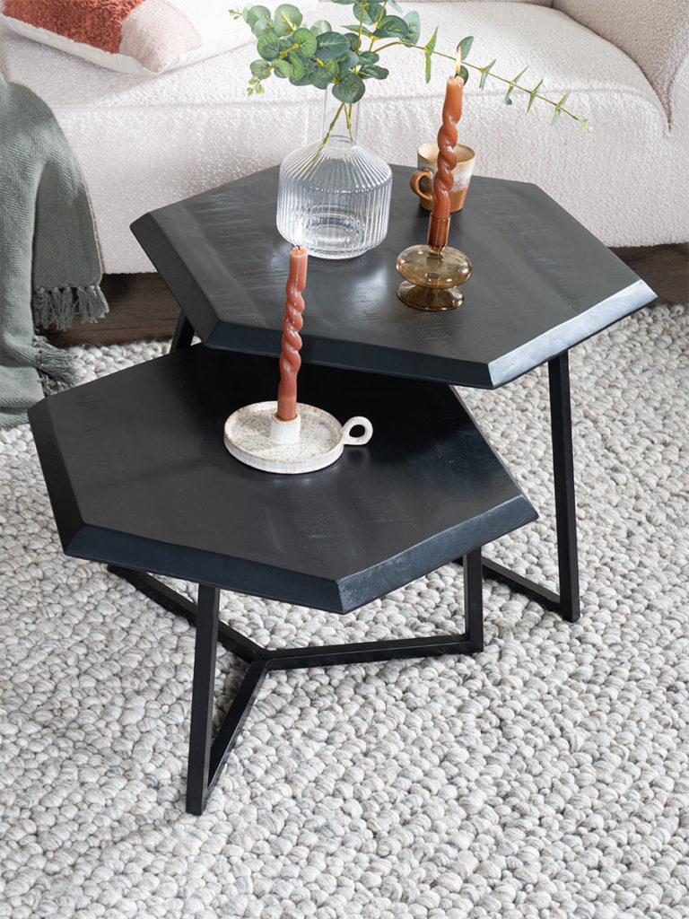 Salontafel Kiara - Set van 2 - Achthoekige tafeltjes - Zwart Mangohout - Afbeelding 2