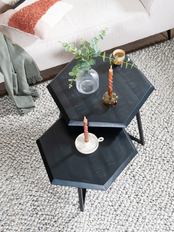 Salontafel Kiara - Set van 2 - Achthoekige tafeltjes - Zwart Mangohout - Afbeelding 4