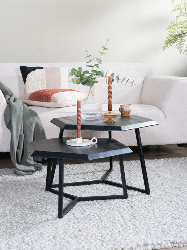 Salontafel Kiara - Set van 2 - Achthoekige tafeltjes - Zwart Mangohout - Afbeelding 3